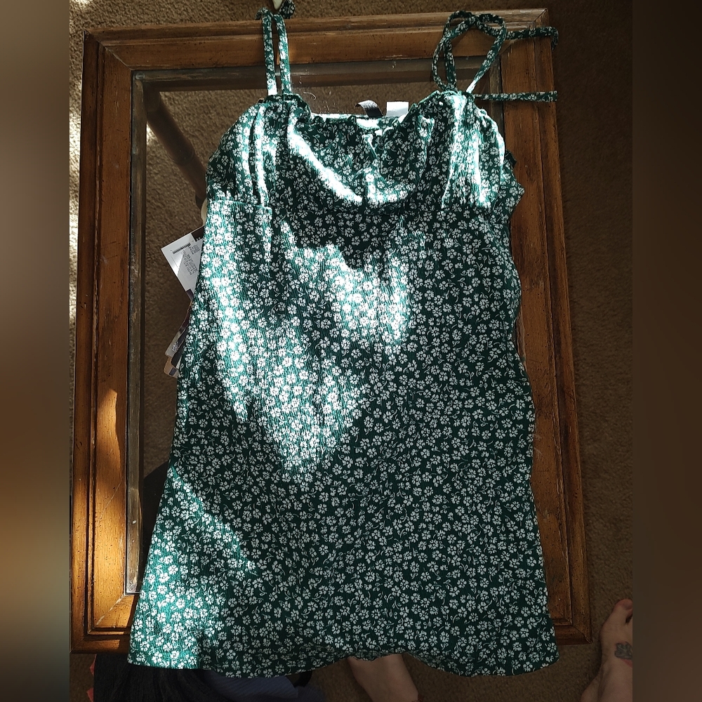 H&M Green Floral Spaghetti Strape Dress Sz S